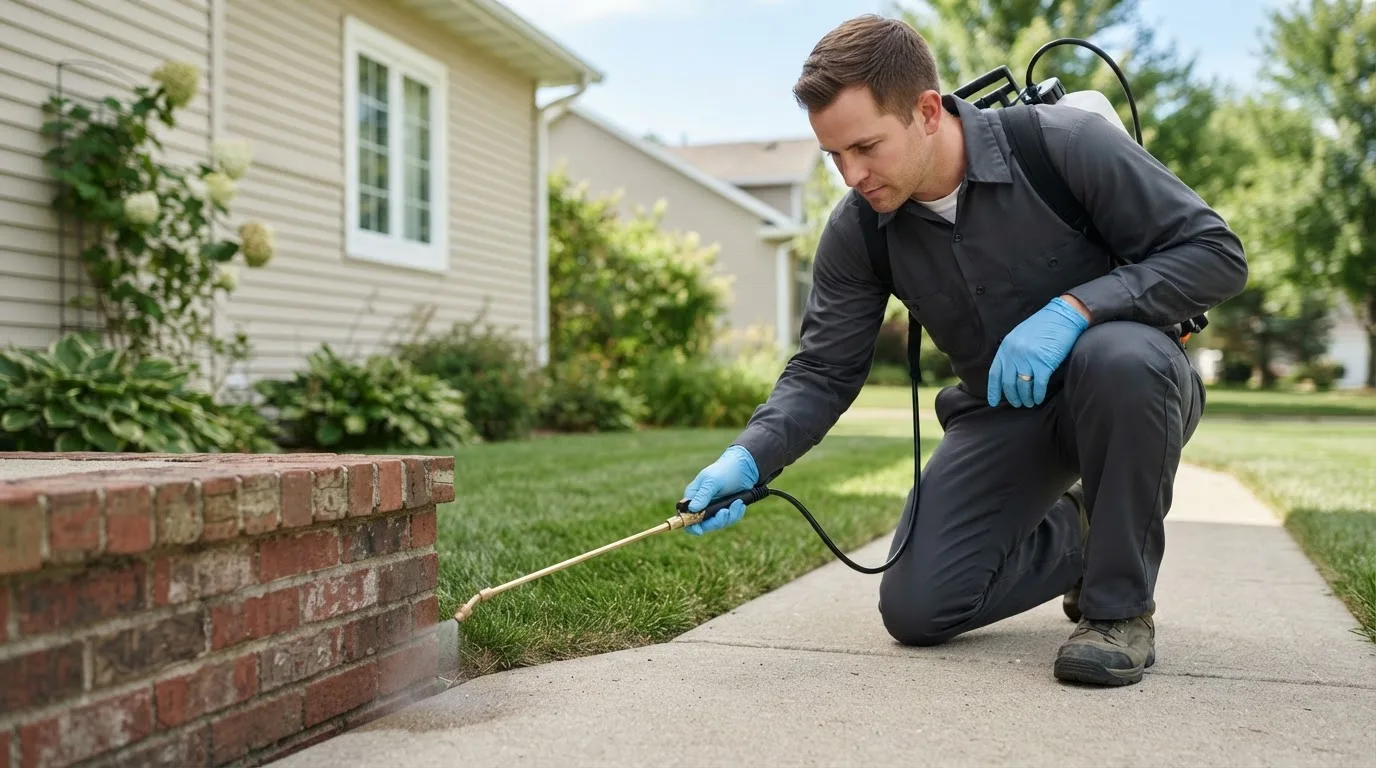 Pest control technician treating a home near Good Thunder, MN